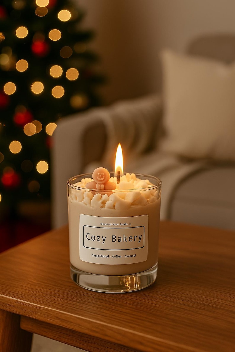 Pu&ograve; includere: Una candela accesa in un barattolo di vetro trasparente, sormontata da un omino di pan di zenzero. L'etichetta recita "Cozy Bakery" con "Gingerbread - Coffee - Caramel" sotto. Lo sfondo &egrave; sfocato, con un albero di Natale e un divano visibili.