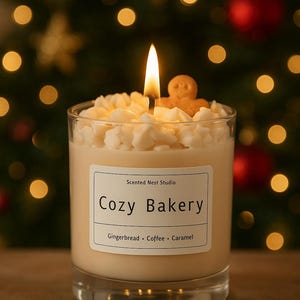 Pu&ograve; includere: Candela profumata in un barattolo di vetro trasparente, sormontata da un omino di pan di zenzero. L'etichetta recita "Cozy Bakery" con profumi di pan di zenzero, caff&egrave; e caramello. Lo sfondo &egrave; un albero di Natale sfocato.