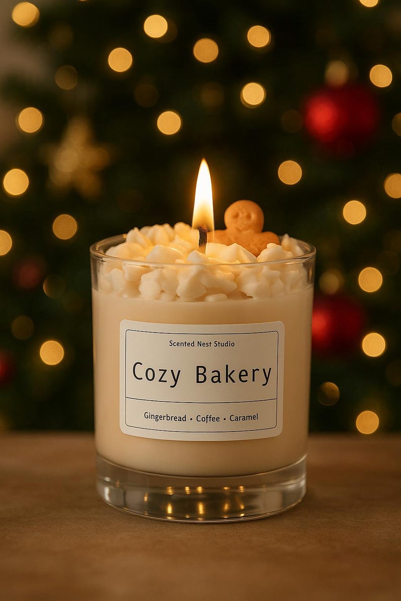 Pu&ograve; includere: Candela profumata in un barattolo di vetro trasparente, sormontata da un omino di pan di zenzero. L'etichetta recita "Cozy Bakery" con profumi di pan di zenzero, caff&egrave; e caramello. Lo sfondo &egrave; un albero di Natale sfocato.