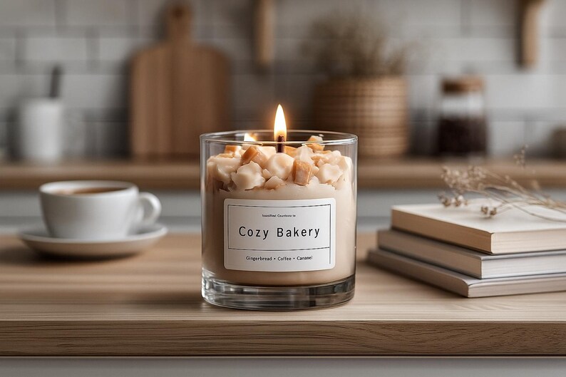 Pu&ograve; includere: Una candela accesa in un barattolo di vetro trasparente con l'etichetta "Cozy Bakery" con note di profumo di pan di zenzero, caff&egrave; e caramello. La candela &egrave; sormontata da pezzi color caramello. Una tazza e un piattino bianchi sono sullo sfondo.