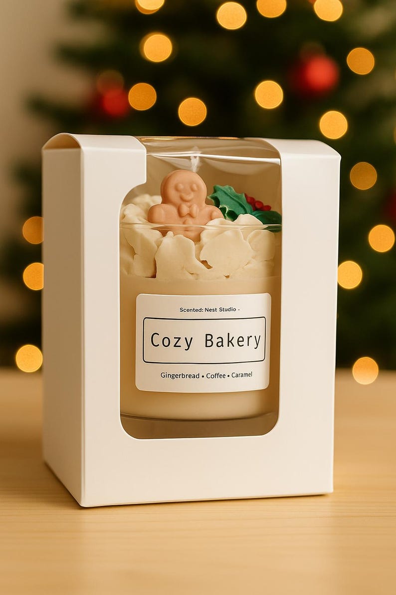 Pu&ograve; includere: Candela profumata in un barattolo di vetro, presentata in una scatola bianca. La candela presenta un omino di pan di zenzero e accenti di agrifoglio. L'etichetta recita "Cozy Bakery" con "Gingerbread, Coffee, Caramel" sotto.