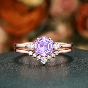 Hexagon Lavender Amethyst Engagement Ring: Art Deco Rose Gold Silver