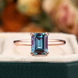 Vintage Emerald Cut Solitaire Alexandrite Engagement Ring, Rose Gold High Profile Alexandrite Wedding Ring, Promise Anniversary Ring for her