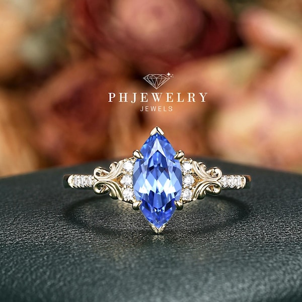Marquise Cut Lab Grown Blue Sapphire Engagement Ring: Filigree Solid Gold or Sterling Silver, Platinum Promise Wedding, Blue Gemstone