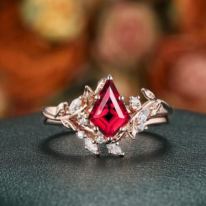 Platinum Kite Cut Ruby Engagement Ring Set: Solid Rose Gold Diamond Vine, Silver Wedding Band, 24K Gold Plated, July Birthstone Promise