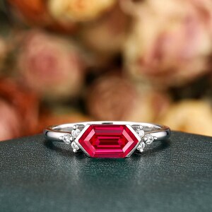 Hexagon Lab Ruby Engagement Ring: Platinum Cluster Promise Ring, Silver 925 Wedding Ring, 24K Gold Plated, White Gold July Birthstone