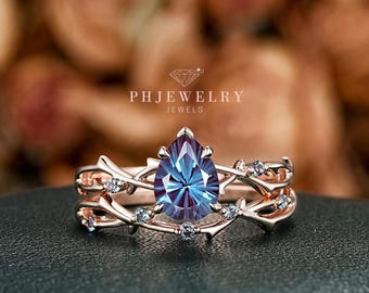 Pear Shape Fireworks Cut Alexandrite Engagement Ring Set: Rose Gold Twig Branch Wedding Platinum, 24K Gold Plated, Silver 925 Vine Promise