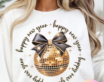 Happy New Year 2026 Shirt, Black And Gold Coquette Bow Sweatshirt, Disco Ball Tee, Cheers Happy New Years Women, Hello 2026, Holiday Hoodie