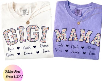 Comfort Colors®Personalized Gigi  Shirt Dusty Blue Floral Grandma Mama Shirt Custom Names Mimi Nana Gigi Long Sleeve Tshirt Mothers Day Tee
