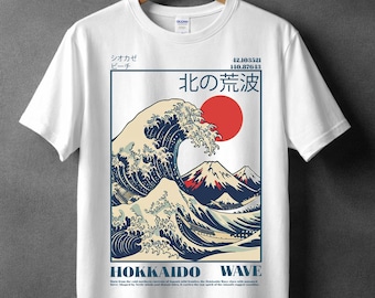 Hokkaido Wave Shirt, Retro Japanese Surf T-Shirt, Ukiyo-e Great Wave Graphic Tee, Vintage Japan Beach Style Cotton Top