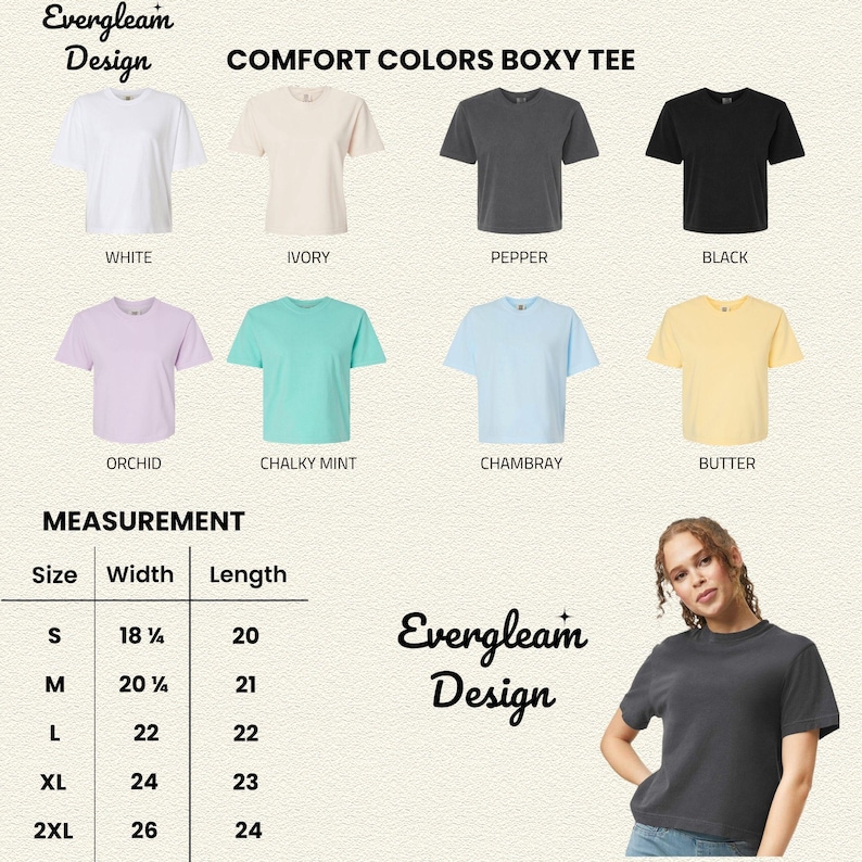 May include: A collection of Comfort Colors boxy t-shirts in white, ivory, pepper, black, orchid, chalky mint, chambray, and butter. Includes a size chart with widths from 18.25 to 26 inches and lengths from 20 to 24 inches, plus a branded logo.