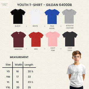 May include: A selection of youth t-shirts in colours such as black, white, and red. A measurement chart shows sizes YS to YXL, with widths from 40.6 to 50.8 cm and lengths from 52.1 to 63.5 cm. The text reads 'YOUTH T-SHIRT - GILDAN 64000B'.
