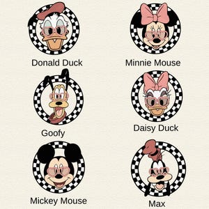Puede incluir: Seis retratos de personajes de dibujos animados, incluyendo el Pato Donald, Minnie Mouse, Goofy, Daisy Duck, Mickey Mouse y Max. Cada personaje est&aacute; dentro de un c&iacute;rculo a cuadros blanco y negro y lleva gafas de sol en forma de coraz&oacute;n. Los nombres de los personajes est&aacute;n escritos debajo.
