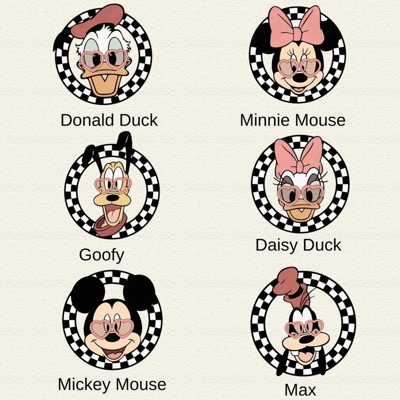 Puede incluir: Seis retratos de personajes de dibujos animados, incluyendo el Pato Donald, Minnie Mouse, Goofy, Daisy Duck, Mickey Mouse y Max. Cada personaje est&aacute; dentro de un c&iacute;rculo a cuadros blanco y negro y lleva gafas de sol en forma de coraz&oacute;n. Los nombres de los personajes est&aacute;n escritos debajo.