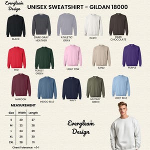 May include: Image of a range of unisex sweatshirts in colours such as black, grey, and red. A size chart with measurements in inches is included. The brand name "Evergleam Design" is also visible.