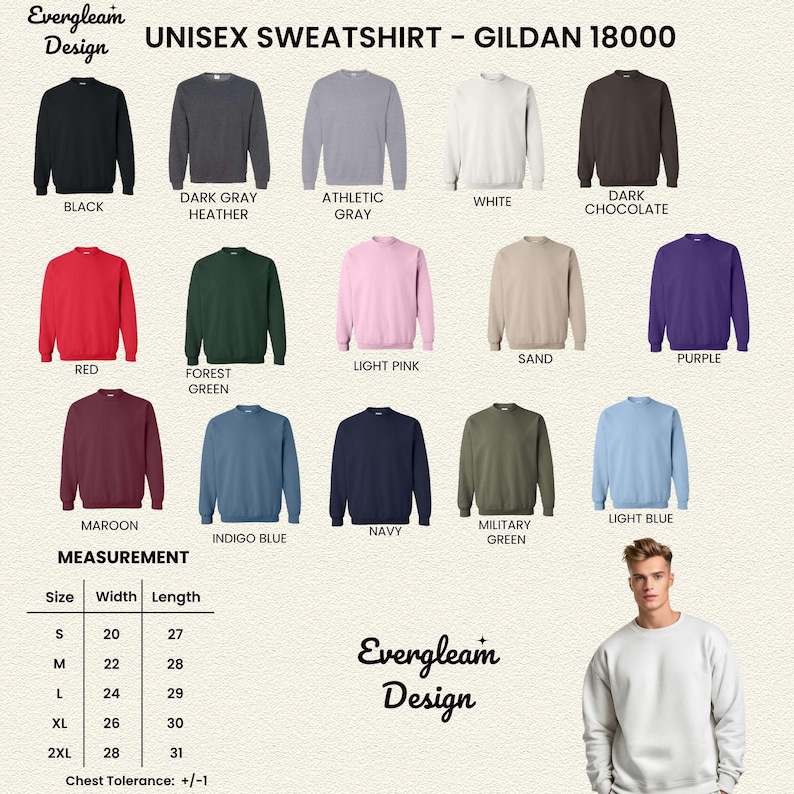 May include: Image of a range of unisex sweatshirts in colours such as black, grey, and red. A size chart with measurements in inches is included. The brand name "Evergleam Design" is also visible.