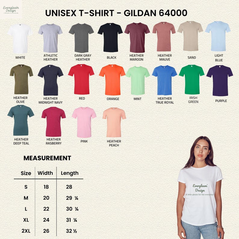 Puede incluir: Una variedad de camisetas unisex Gildan 64000 en varios colores, incluyendo blanco, negro, rojo y azul. La imagen tambi&eacute;n incluye una tabla de tallas con medidas en cent&iacute;metros, que van de la S a la 2XL.
