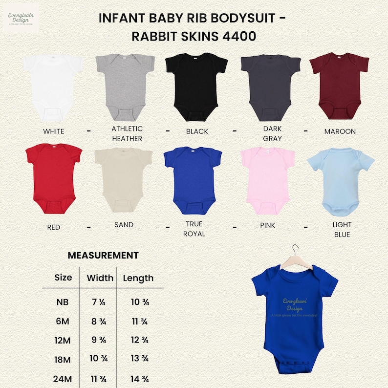 May include: Baby rib bodysuits in colours such as white, black, and red. The image shows a size chart with measurements in inches. The text on the image reads "Evergleam Design".