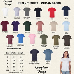 May include: A selection of Gildan 64000 unisex t-shirts in various colours, including white, black, red, and navy. The image displays a colour chart with size and measurement details. The Evergleam Design logo is visible.