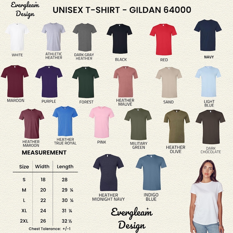 May include: A selection of Gildan 64000 unisex t-shirts in various colours, including white, black, red, and navy. The image displays a colour chart with size and measurement details. The Evergleam Design logo is visible.