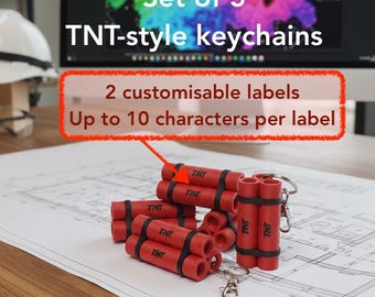 Ensemble de 5 porte-clés TNT personnalisés | Identifiant de clé de chantier amusant, imprimé en 3D