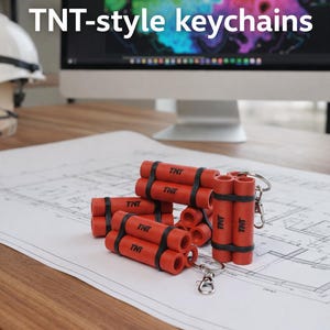 Puede incluir: Juego de cinco llaveros estilo TNT. Cada llavero rojo tiene bandas negras y la palabra "TNT" impresa. Los llaveros están sobre un plano, con un monitor de ordenador al fondo.