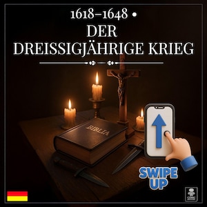 May include: An image with the text "1618-1648 • DER DREISSIGJÄHRIGE KRIEG" above a scene with a Bible, candles, a crucifix, and a smartphone with a blue arrow and the words "SWIPE UP".