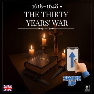 Può includere: Immagine con il testo "1618-1648 • THE THIRTY YEARS' WAR". La scena include una Bibbia, candele, un crocifisso e uno smartphone con una freccia blu e una mano. Sono visibili anche le parole "SWIPE UP".