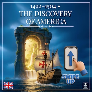 Può includere: Illustrazione digitale di una nave che naviga sull'oceano, con il testo "THE DISCOVERY OF AMERICA" e "SWIPE UP". La nave ha croci rosse sulle sue vele. Una mano con una manica blu punta verso lo schermo di un telefono con una freccia blu.