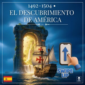 May include: An illustration of a Spanish caravel sailing on the ocean, with a waterfall and archway in the background. The text reads "EL DESCUBRIMIENTO DE AMÉRICA" and "SWIPE UP". A hand with a blue arrow on a smartphone is also shown.