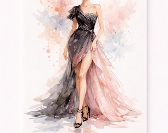 Lámina con ilustración de moda en acuarela – Vestido de alta costura en acuarela / Descarga digital tamaño A4 para decoración de paredes