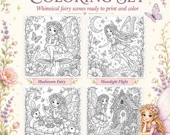 Páginas para colorear de cuentos de hadas (paquete de 4) en PDF imprimible / Láminas para colorear de hadas fantásticas / Páginas para colorear de fantasía / Descarga instantánea