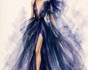 Lámina de ilustración de moda en acuarela / Arte de alta costura