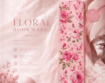 Marcapáginas floral rosa para imprimir / Peonías en acuarela, diseño cottagecore (descarga digital)