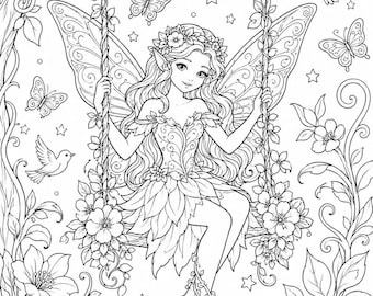 Paquete de páginas para colorear de hadas fantásticas / Láminas de jardín de fantasía (PDF de descarga instantánea)