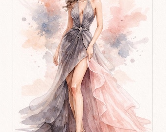 Lámina con ilustración de moda en acuarela / Arte mural de vestido elegante (descarga digital A4)