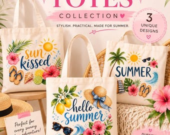 Colección de bolsos de verano / Bolso de lona playero / Bolso de vacaciones tropicales "Hola verano, besado por el sol" / Bolso de mercado costero