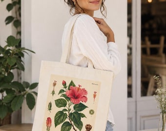 Bolso de mano de lona con estampado botánico de hibisco vintage / Bolso de mercado estilo cottagecore