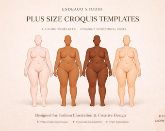 Plantillas de bocetos para tallas grandes – Ilustración de moda de 4 figuras (Descarga digital)