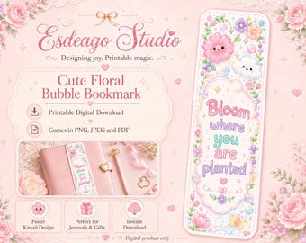 Marcapáginas imprimible de burbujas florales, marcapáginas digital kawaii en tonos pastel