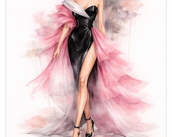 Lámina con ilustración de moda en acuarela: vestido de alta costura en negro y rosa (descarga digital tamaño A4)