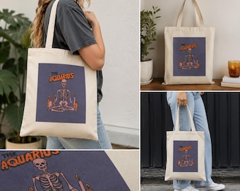 Bolso de mano con esqueleto de Acuario / Bolso de lona para meditación y astrología / Bolso reutilizable estilo bohemio y místico
