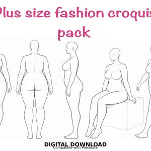 Könnte beinhalten: Strichzeichnungen von Plus-Size-Frauenfiguren in verschiedenen Posen. Das Bild enthält Vorder-, Rück- und Seitenansichten sowie eine sitzende und eine gehende Pose. Der Text oben lautet "Plus size fashion croquis pack" in Pink. Der Text unten lautet "DIGITAL DOWNLOAD Compatible with Procreate."