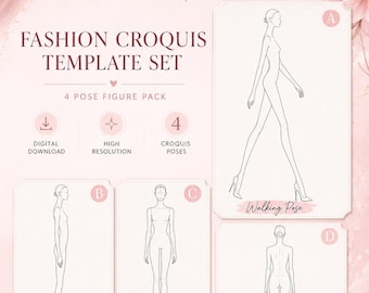 Conjunto de plantillas de bocetos de moda, poses de figuras femeninas (descarga digital)