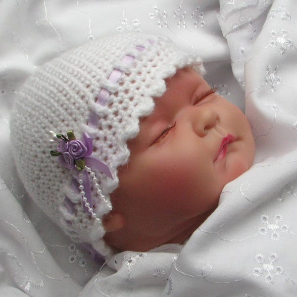 Easy Crochet Pattern for pretty Baby Beanie Hat in 4 sizes - INSTANT DOWNLOAD pdf.
