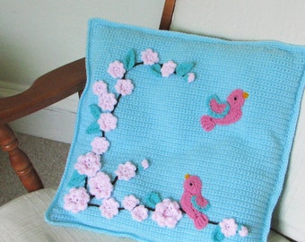 Crochet Pattern for Pillow cover with bird and flower appliques - INSTANT DOWNLOAD .pdf