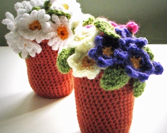 Flowerpots: Crochet pattern for Daisy and Primula / Primrose Flower pots - INSTANT DOWNLOAD pdf