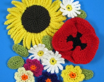 Crochet Flowers Pattern - Sunflower, Poppy, Daisy and Primula - INSTANT DOWNLOAD .pdf