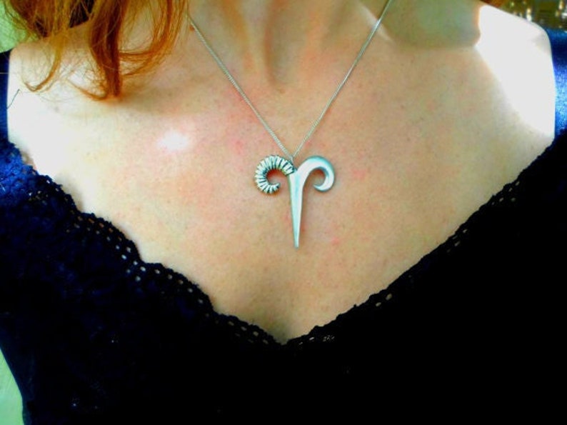 May include: A silver necklace with a ram's head pendant. The pendant is detailed and has a curled horn.