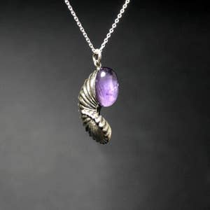 Pu&ograve; includere: Una collana d'argento con un ciondolo a forma di conchiglia con un'ametista viola.